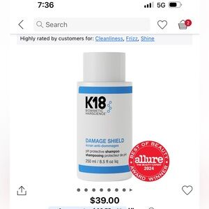 BRAND NEW NWT K18 Damage Shield pH Protective Shampoo